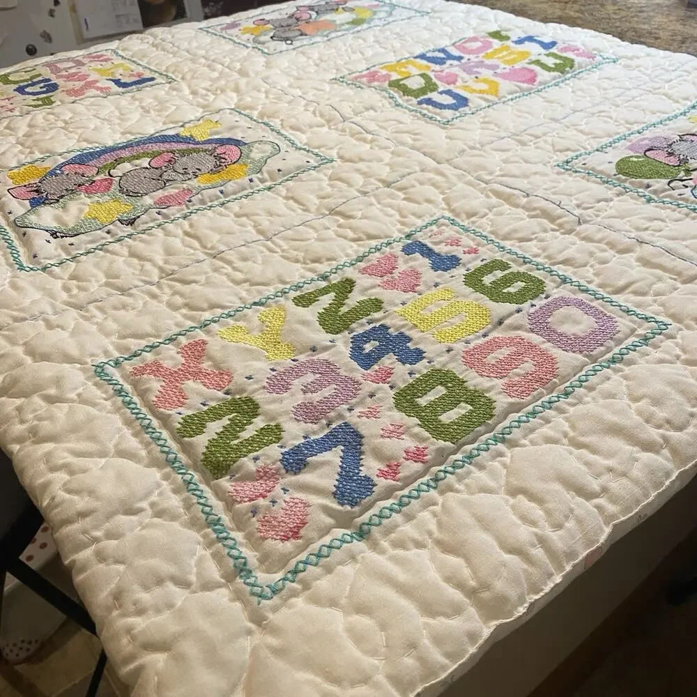 Vintage 1970s Crib Baby Coverlet Embroidery Needlepoint Novelty Quilted Blanket